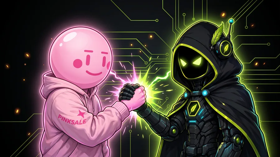 The HoodTech hero arm-in-arm with the PinkSale mascot