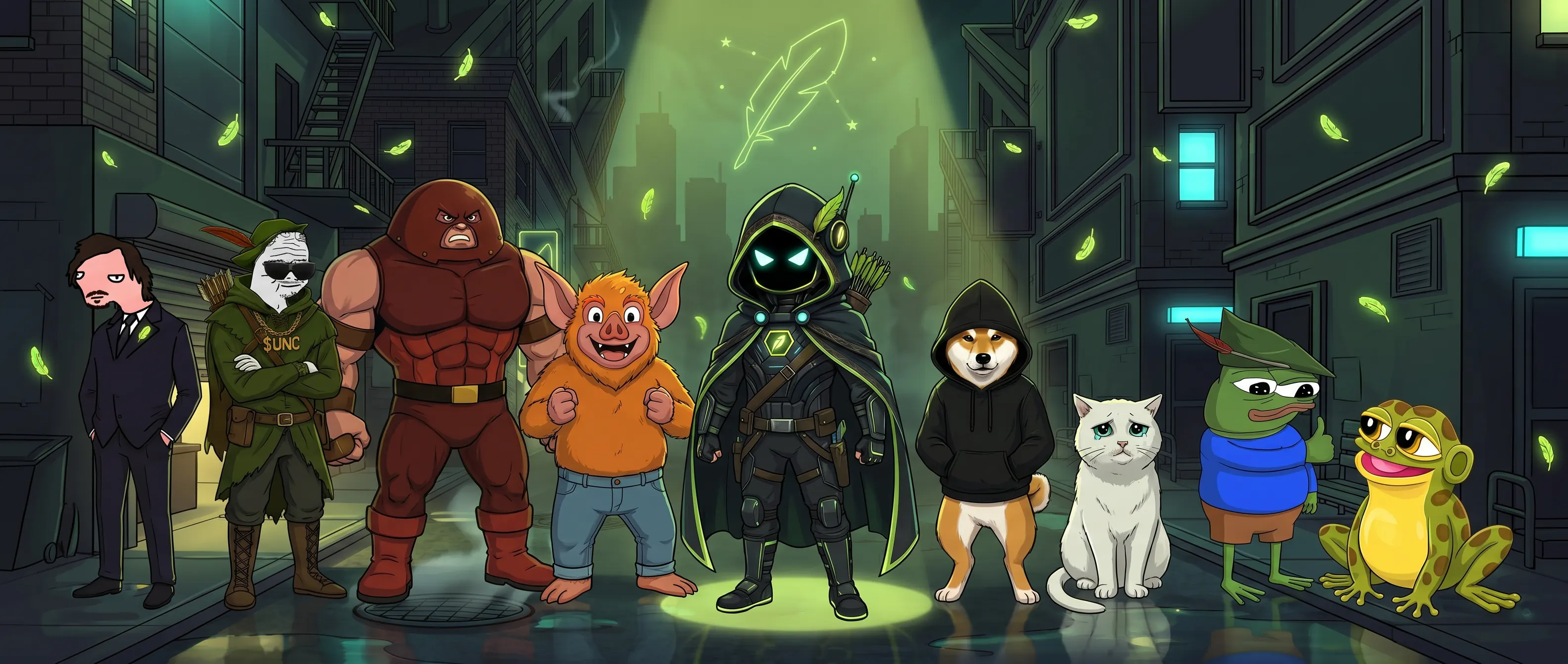 The full Hood Tech crew on a neon night street